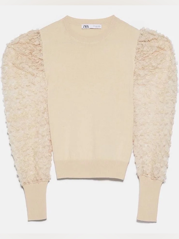 Zara Vanilla Fine Knit Ribbed Sweater With Dramatic Textured Tulle Floral Sleeve